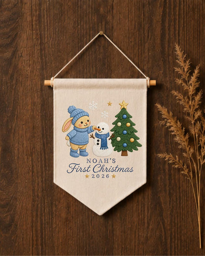 Personalized First Christmas Wall Hanging, Custom Name Embroidered Bunny Banner, Baby Christmas Nursery Decor, Snowman Holiday Keepsake 2026