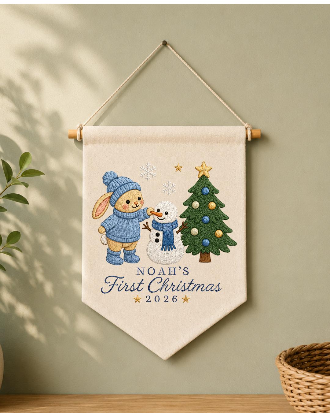 Personalized First Christmas Wall Hanging, Custom Name Embroidered Bunny Banner, Baby Christmas Nursery Decor, Snowman Holiday Keepsake 2026
