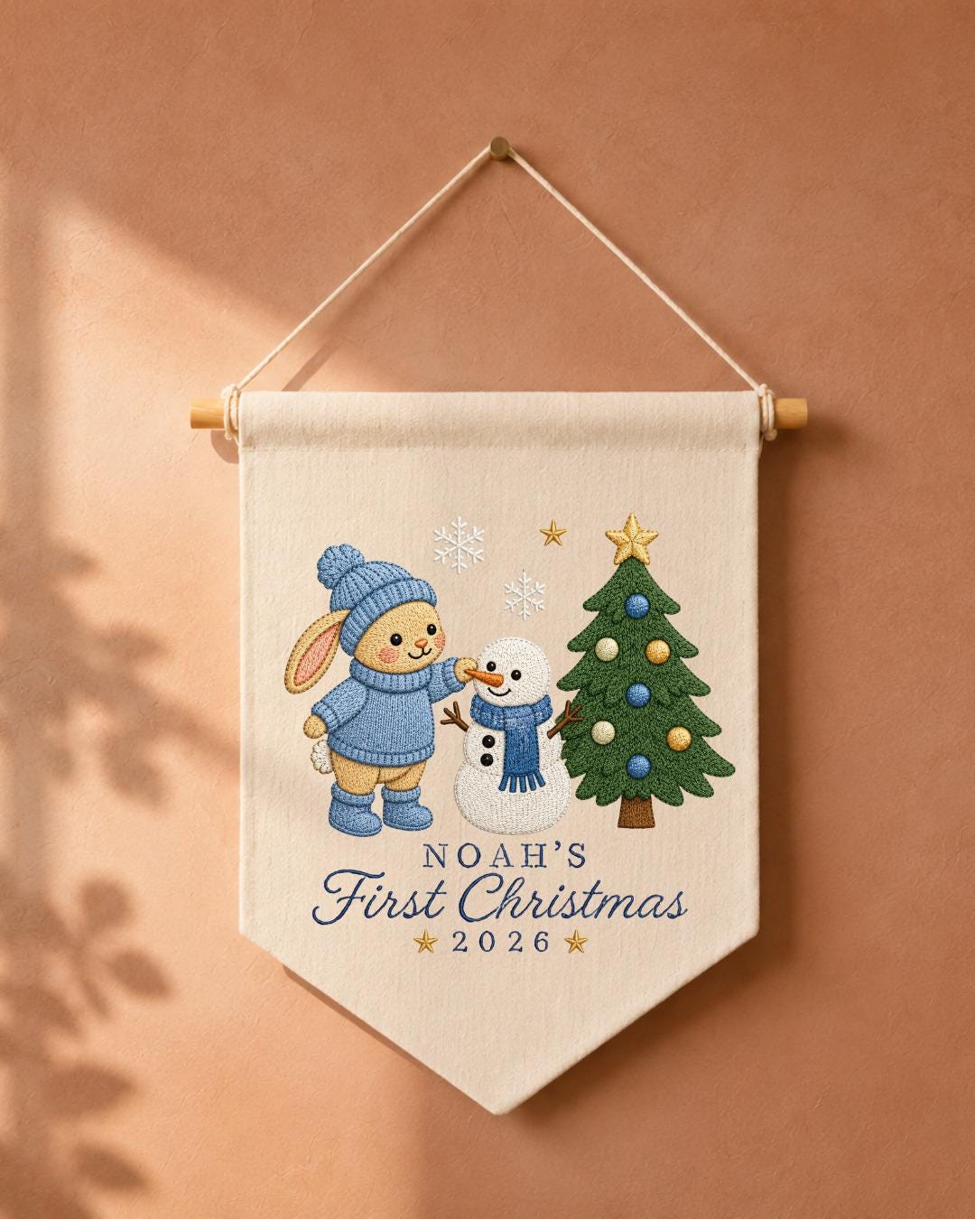 Personalized First Christmas Wall Hanging, Custom Name Embroidered Bunny Banner, Baby Christmas Nursery Decor, Snowman Holiday Keepsake 2026