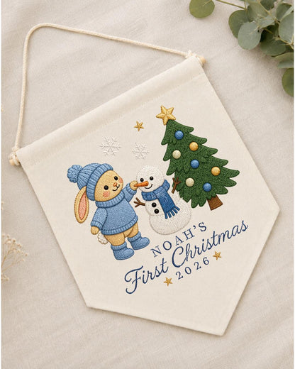 Personalized First Christmas Wall Hanging, Custom Name Embroidered Bunny Banner, Baby Christmas Nursery Decor, Snowman Holiday Keepsake 2026