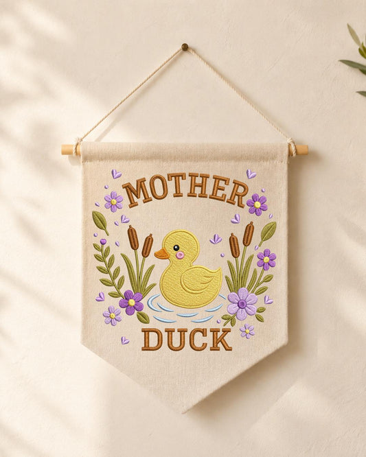 Mother Duck Embroidered Wall Hanging, Floral Duck Nursery Banner, Cute Mom Gift, Cottagecore Nursery Decor, Mother’s Day Wall Art