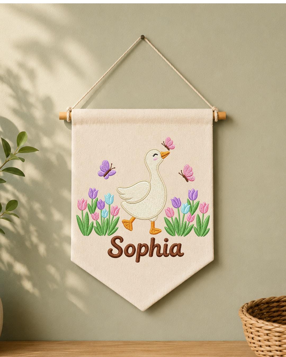 Personalized Goose Nursery Wall Hanging, Custom Name Embroidered Banner, Tulip Butterfly Baby Girl Room Decor, Spring Nursery Gift