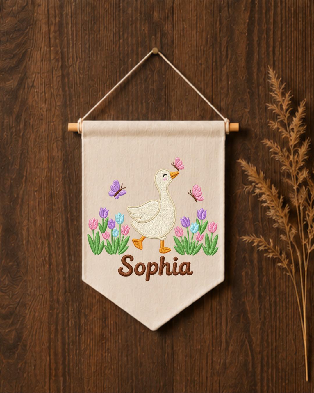 Personalized Goose Nursery Wall Hanging, Custom Name Embroidered Banner, Tulip Butterfly Baby Girl Room Decor, Spring Nursery Gift