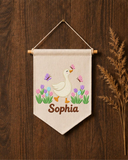 Personalized Goose Nursery Wall Hanging, Custom Name Embroidered Banner, Tulip Butterfly Baby Girl Room Decor, Spring Nursery Gift