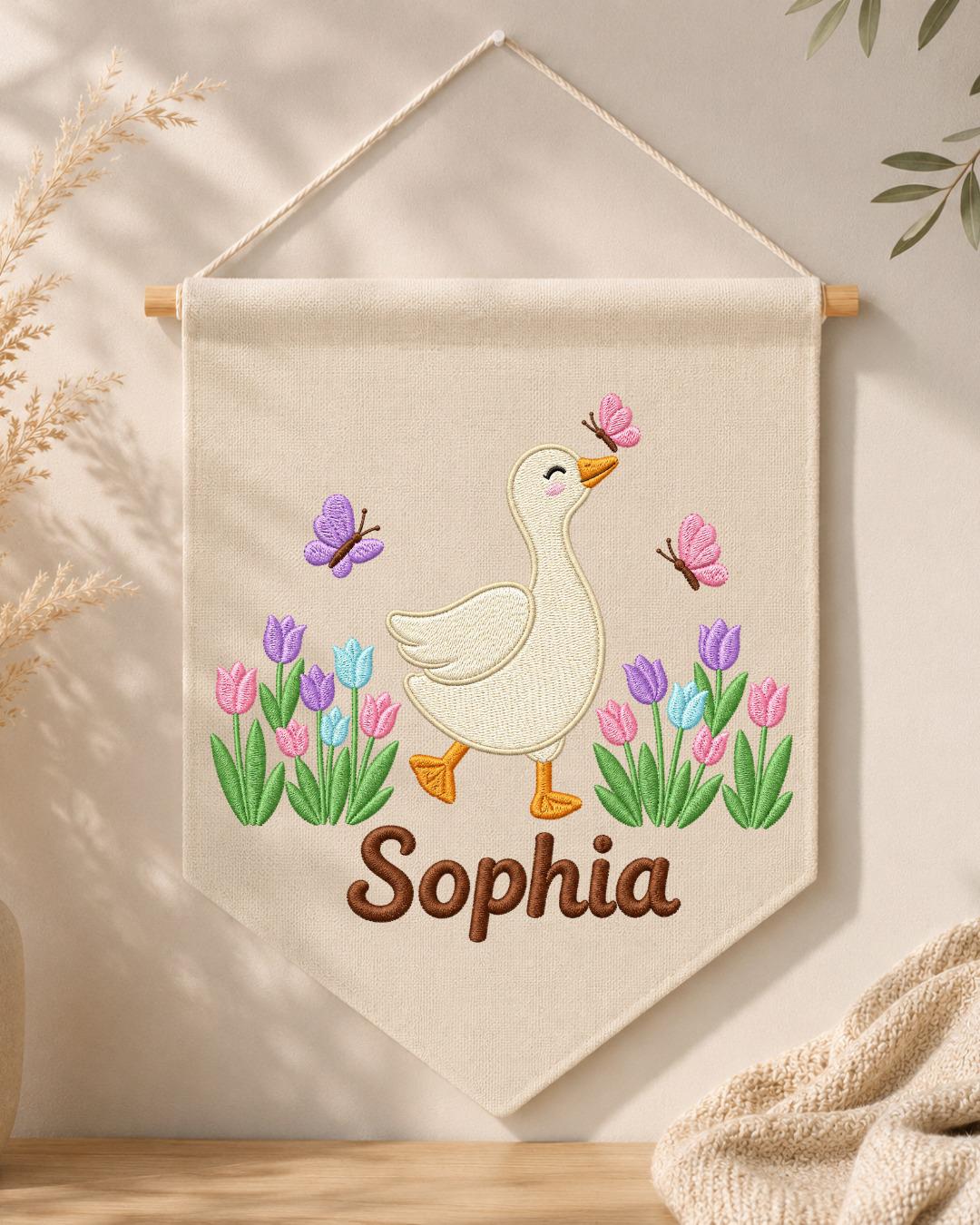 Personalized Goose Nursery Wall Hanging, Custom Name Embroidered Banner, Tulip Butterfly Baby Girl Room Decor, Spring Nursery Gift