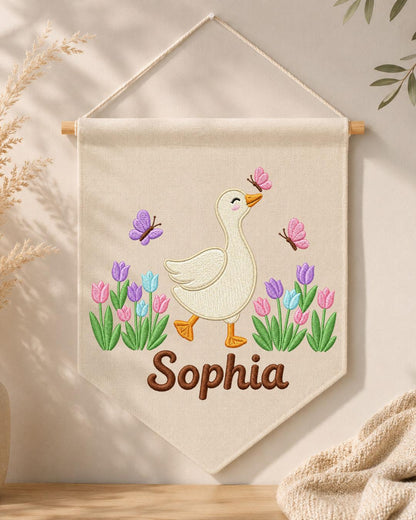 Personalized Goose Nursery Wall Hanging, Custom Name Embroidered Banner, Tulip Butterfly Baby Girl Room Decor, Spring Nursery Gift