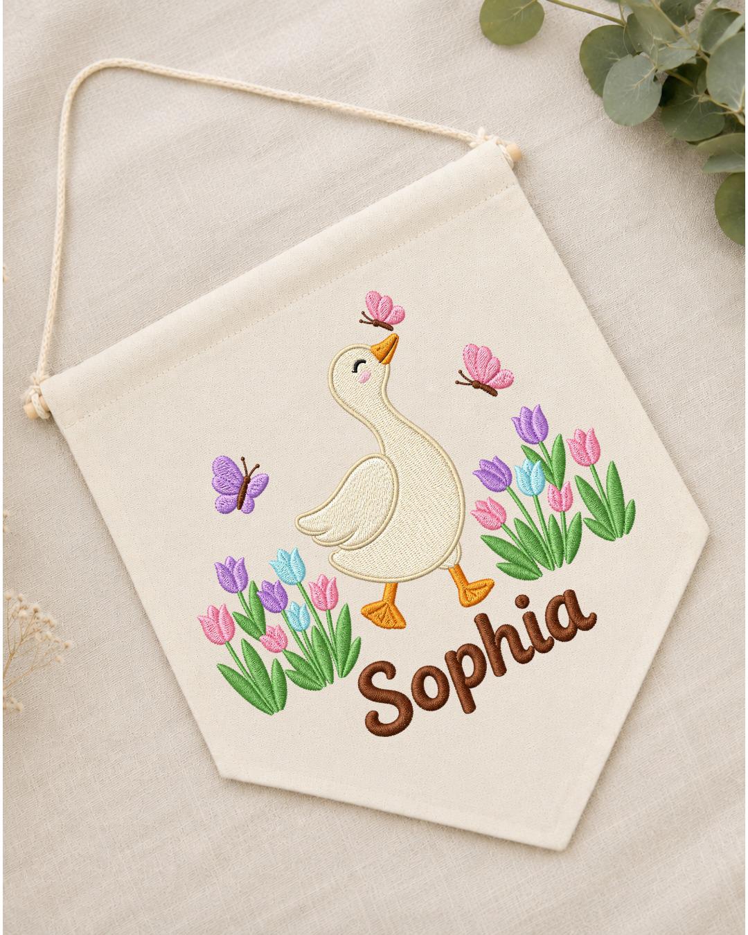 Personalized Goose Nursery Wall Hanging, Custom Name Embroidered Banner, Tulip Butterfly Baby Girl Room Decor, Spring Nursery Gift