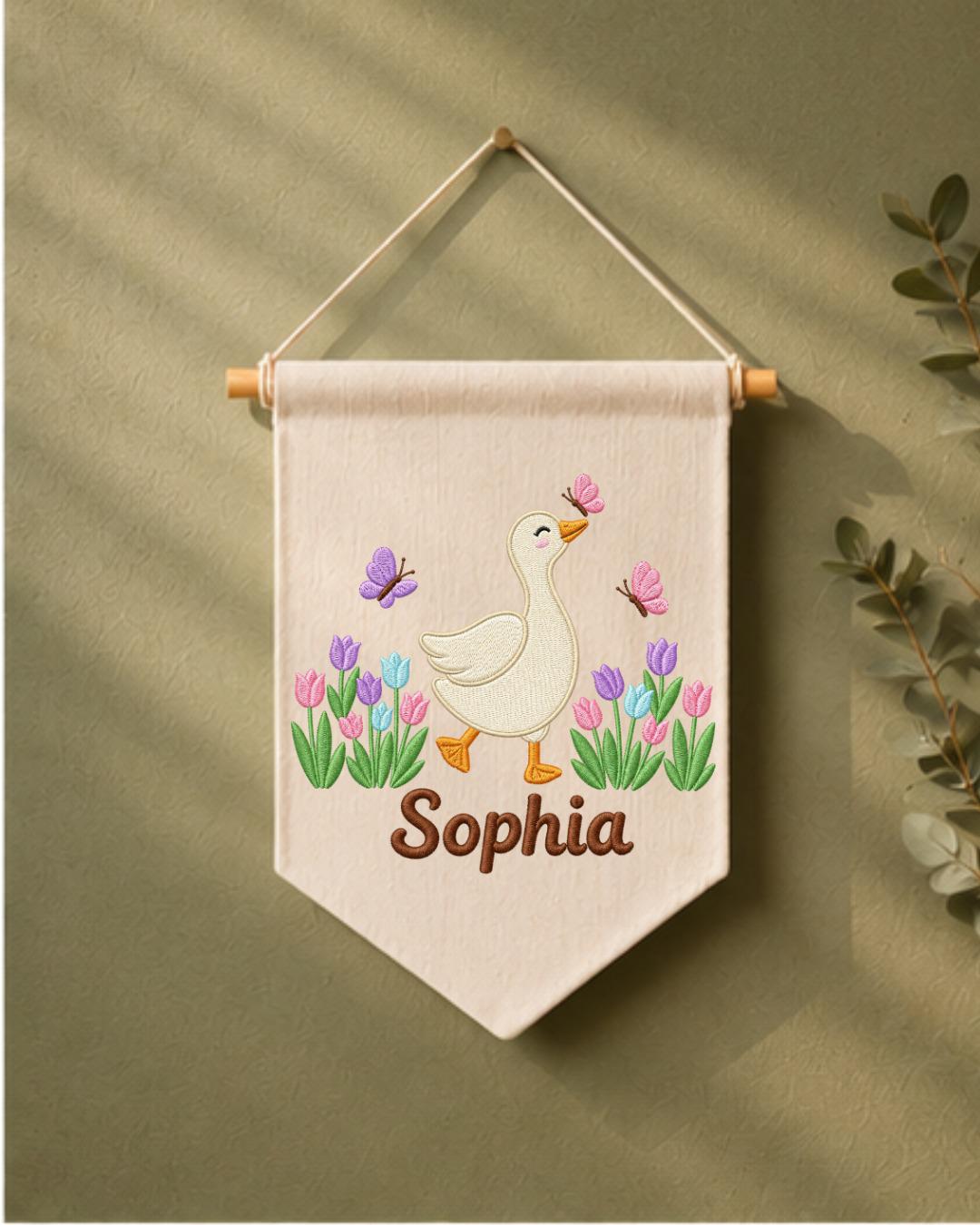 Personalized Goose Nursery Wall Hanging, Custom Name Embroidered Banner, Tulip Butterfly Baby Girl Room Decor, Spring Nursery Gift