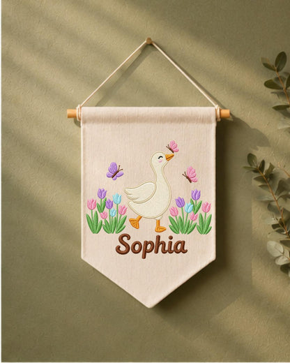 Personalized Goose Nursery Wall Hanging, Custom Name Embroidered Banner, Tulip Butterfly Baby Girl Room Decor, Spring Nursery Gift