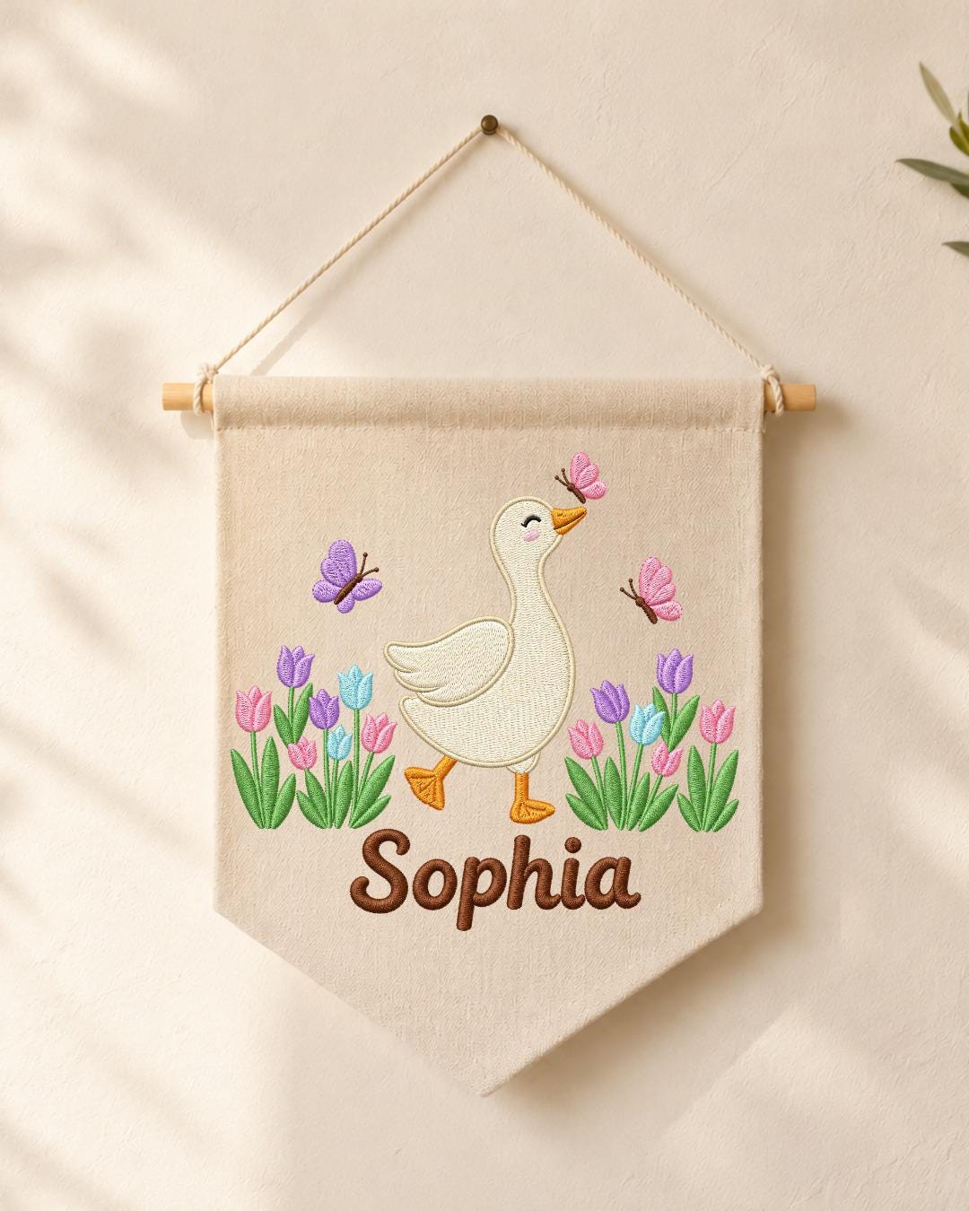 Personalized Goose Nursery Wall Hanging, Custom Name Embroidered Banner, Tulip Butterfly Baby Girl Room Decor, Spring Nursery Gift