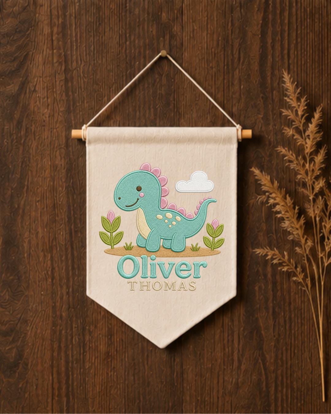 Personalized Dinosaur Nursery Wall Hanging, Custom Double Name Embroidered Banner, Cute Dino Baby Boy Room Decor, Prehistoric Nursery Gift
