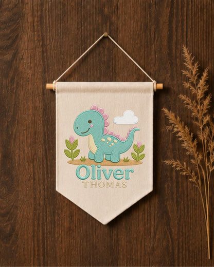 Personalized Dinosaur Nursery Wall Hanging, Custom Double Name Embroidered Banner, Cute Dino Baby Boy Room Decor, Prehistoric Nursery Gift