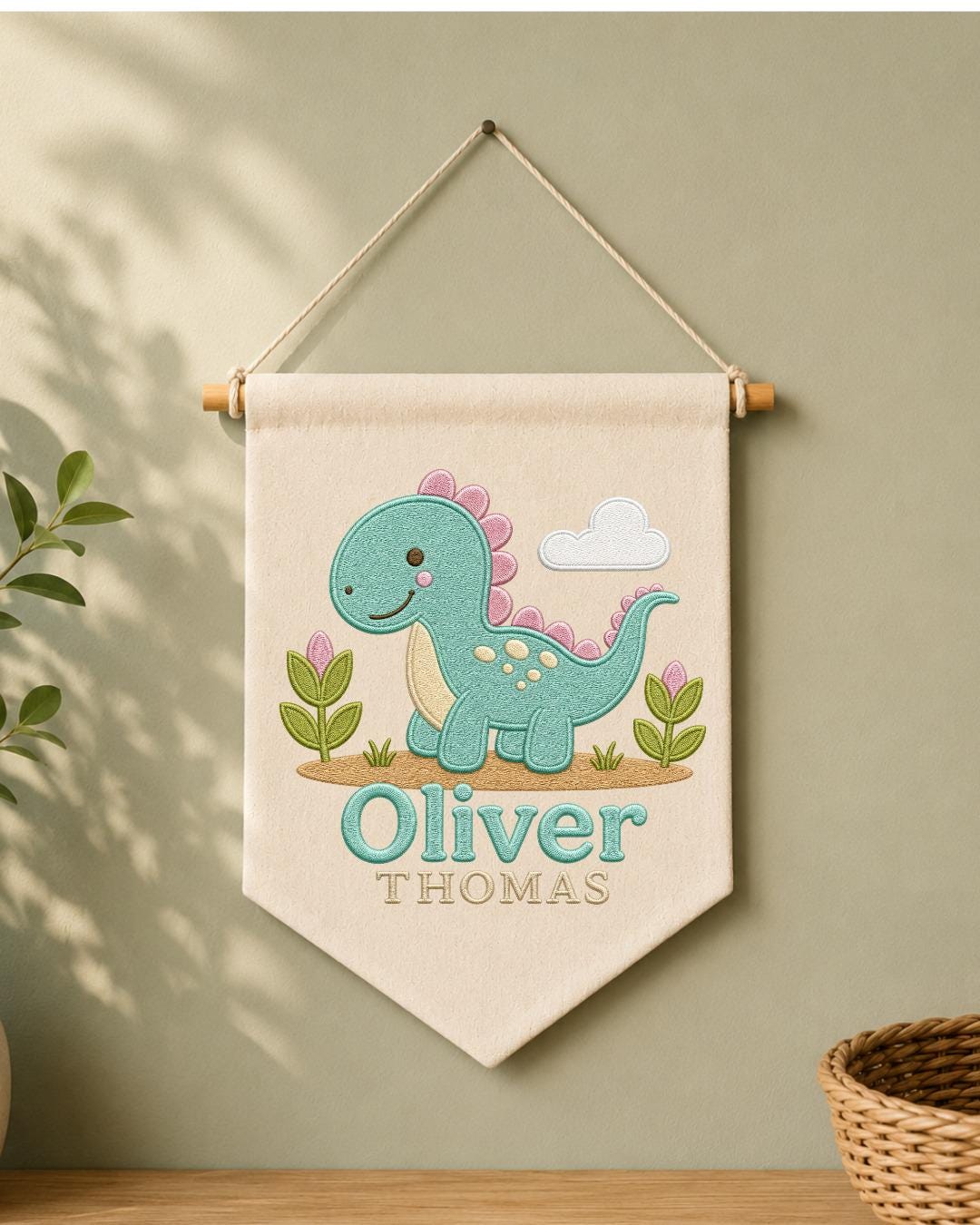 Personalized Dinosaur Nursery Wall Hanging, Custom Double Name Embroidered Banner, Cute Dino Baby Boy Room Decor, Prehistoric Nursery Gift