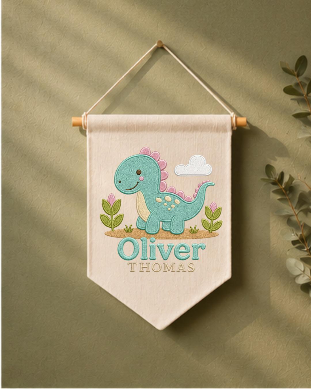 Personalized Dinosaur Nursery Wall Hanging, Custom Double Name Embroidered Banner, Cute Dino Baby Boy Room Decor, Prehistoric Nursery Gift
