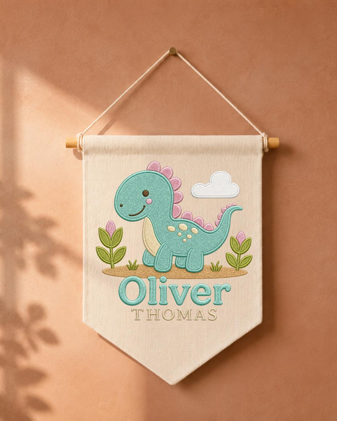 Personalized Dinosaur Nursery Wall Hanging, Custom Double Name Embroidered Banner, Cute Dino Baby Boy Room Decor, Prehistoric Nursery Gift