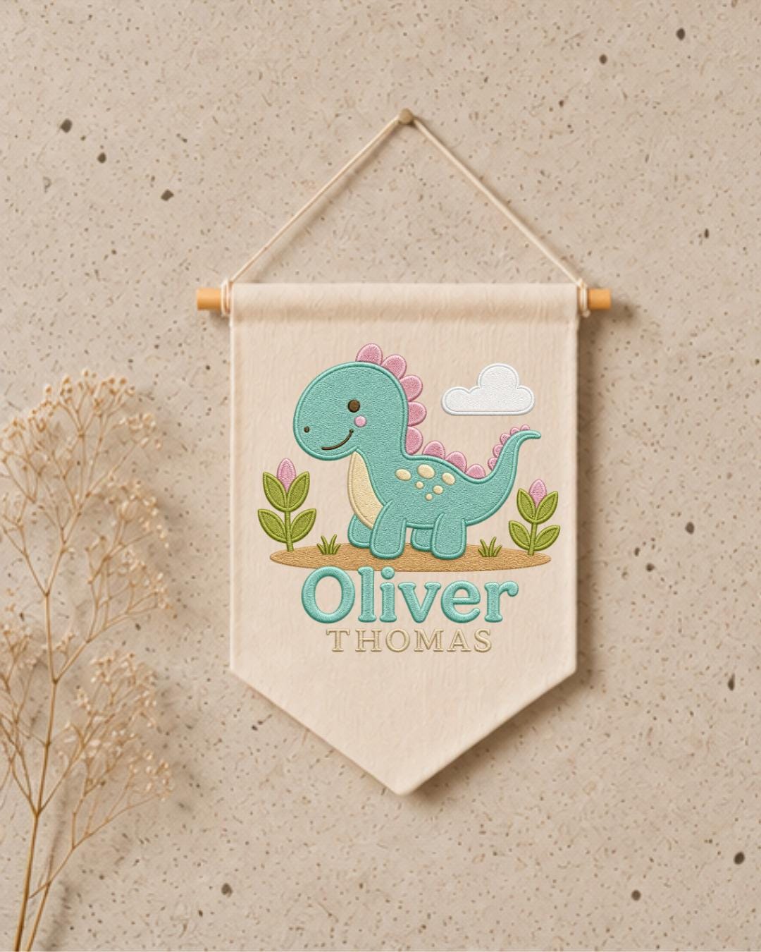 Personalized Dinosaur Nursery Wall Hanging, Custom Double Name Embroidered Banner, Cute Dino Baby Boy Room Decor, Prehistoric Nursery Gift