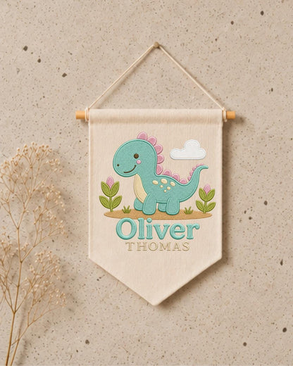 Personalized Dinosaur Nursery Wall Hanging, Custom Double Name Embroidered Banner, Cute Dino Baby Boy Room Decor, Prehistoric Nursery Gift
