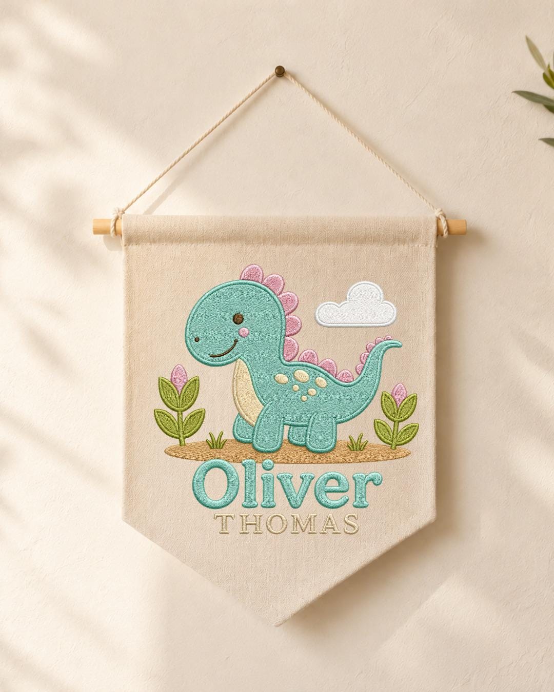 Personalized Dinosaur Nursery Wall Hanging, Custom Double Name Embroidered Banner, Cute Dino Baby Boy Room Decor, Prehistoric Nursery Gift
