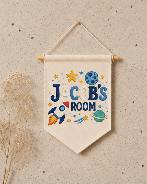 Personalized Space Room Wall Hanging, Custom Name Embroidered Rocket Banner, Outer Space Kids Room Decor, Boys Bedroom Gift