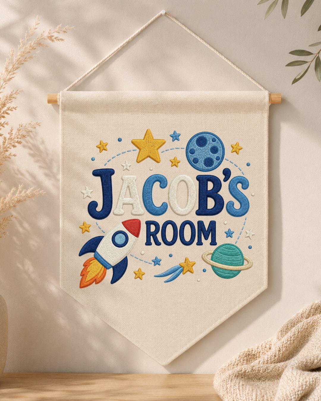 Personalized Space Room Wall Hanging, Custom Name Embroidered Rocket Banner, Outer Space Kids Room Decor, Boys Bedroom Gift