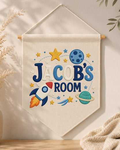 Personalized Space Room Wall Hanging, Custom Name Embroidered Rocket Banner, Outer Space Kids Room Decor, Boys Bedroom Gift