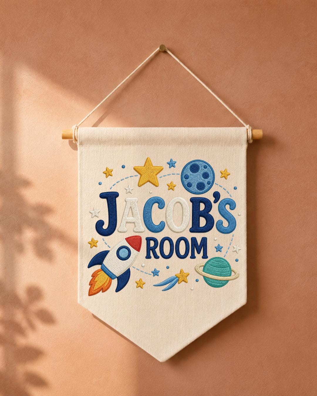 Personalized Space Room Wall Hanging, Custom Name Embroidered Rocket Banner, Outer Space Kids Room Decor, Boys Bedroom Gift