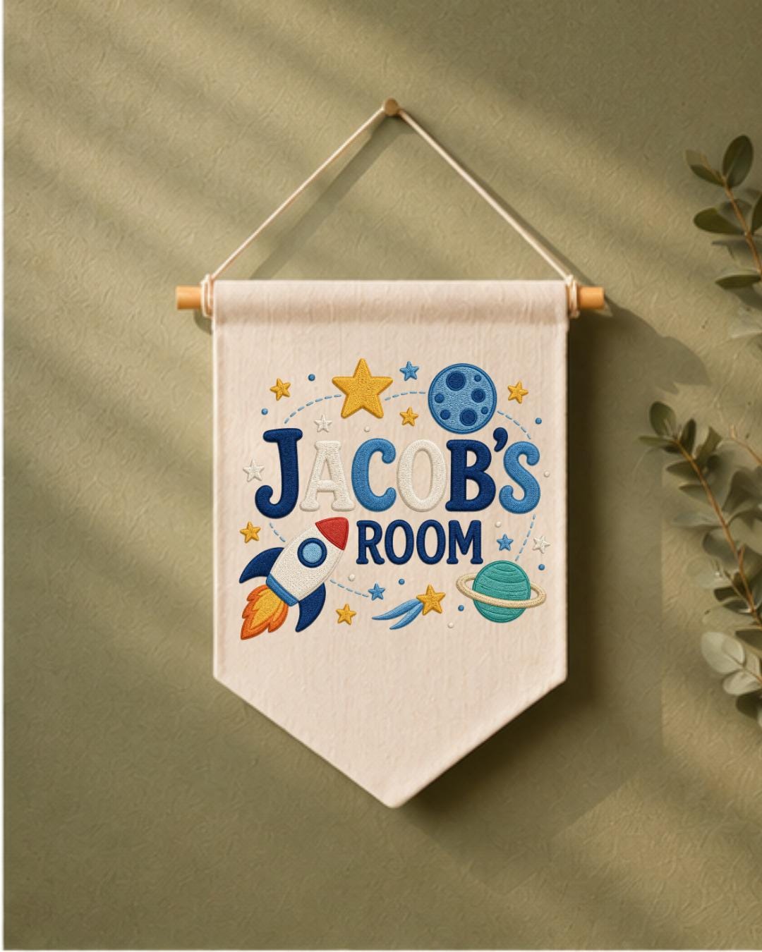 Personalized Space Room Wall Hanging, Custom Name Embroidered Rocket Banner, Outer Space Kids Room Decor, Boys Bedroom Gift