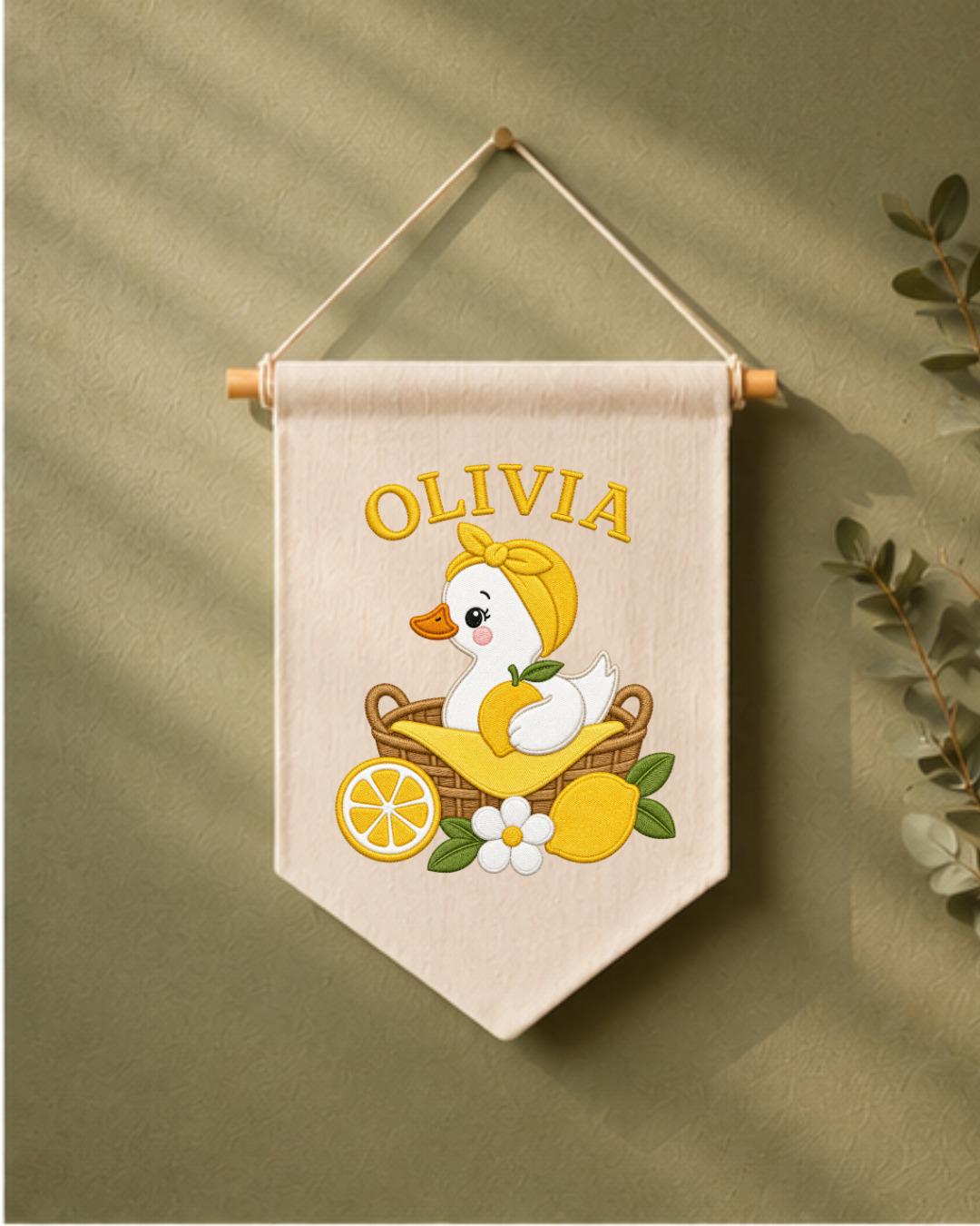 Personalized Lemon Duck Nursery Wall Hanging, Custom Name Embroidered Banner, Baby Girl Room Decor, Cute Summer Nursery Gift