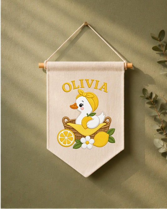 Personalized Lemon Duck Nursery Wall Hanging, Custom Name Embroidered Banner, Baby Girl Room Decor, Cute Summer Nursery Gift