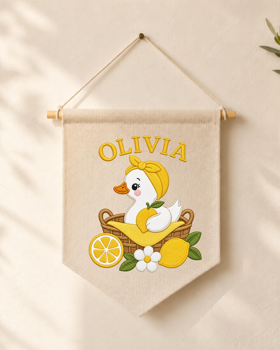 Personalized Lemon Duck Nursery Wall Hanging, Custom Name Embroidered Banner, Baby Girl Room Decor, Cute Summer Nursery Gift