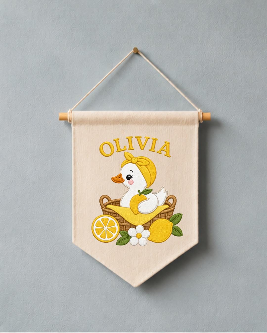 Personalized Lemon Duck Nursery Wall Hanging, Custom Name Embroidered Banner, Baby Girl Room Decor, Cute Summer Nursery Gift