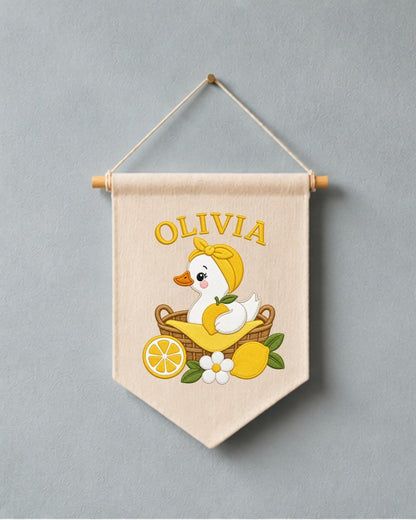 Personalized Lemon Duck Nursery Wall Hanging, Custom Name Embroidered Banner, Baby Girl Room Decor, Cute Summer Nursery Gift