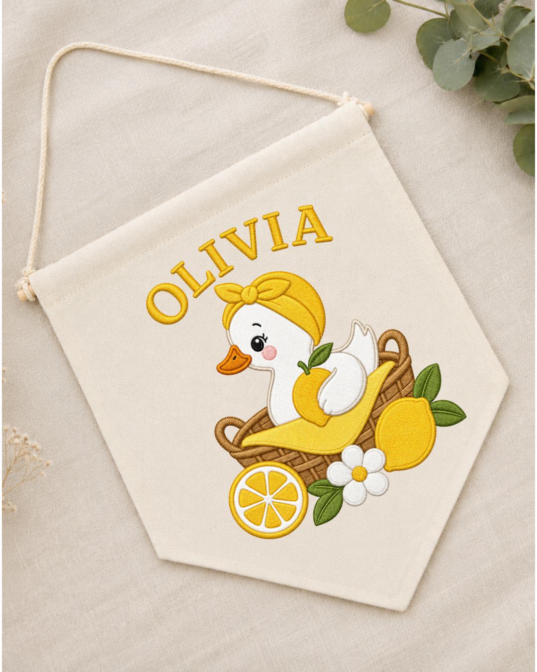 Personalized Lemon Duck Nursery Wall Hanging, Custom Name Embroidered Banner, Baby Girl Room Decor, Cute Summer Nursery Gift