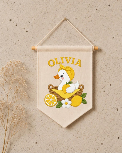 Personalized Lemon Duck Nursery Wall Hanging, Custom Name Embroidered Banner, Baby Girl Room Decor, Cute Summer Nursery Gift