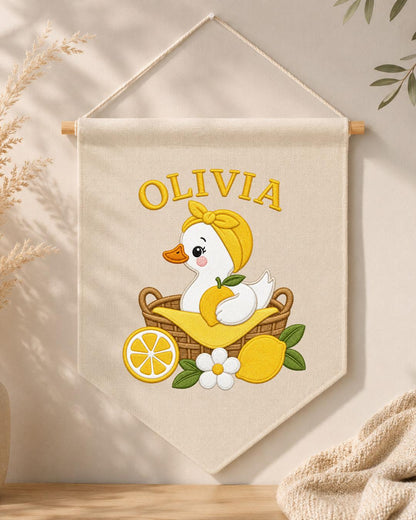 Personalized Lemon Duck Nursery Wall Hanging, Custom Name Embroidered Banner, Baby Girl Room Decor, Cute Summer Nursery Gift