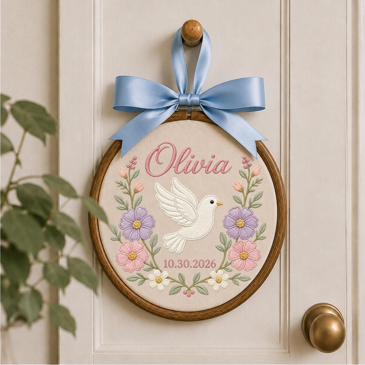 Personalized Embroidered Ornament, Dove Name and Birth Date Hoop, Floral Baby Girl Nursery Decor, Newborn Gift, Baby Shower Keepsake