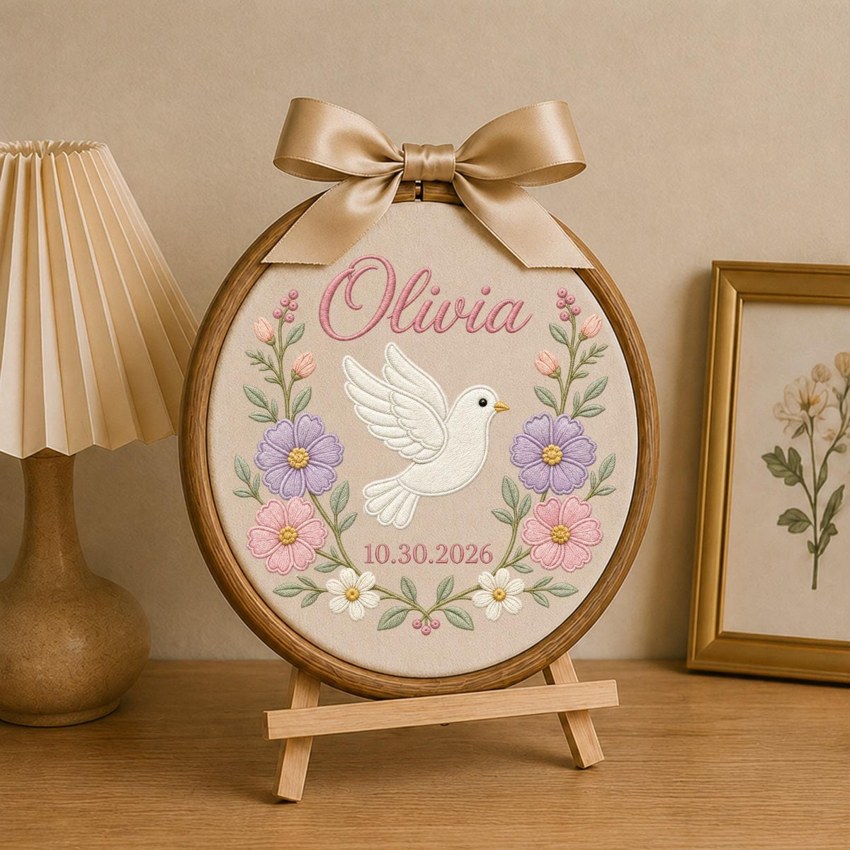 Personalized Embroidered Ornament, Dove Name and Birth Date Hoop, Floral Baby Girl Nursery Decor, Newborn Gift, Baby Shower Keepsake