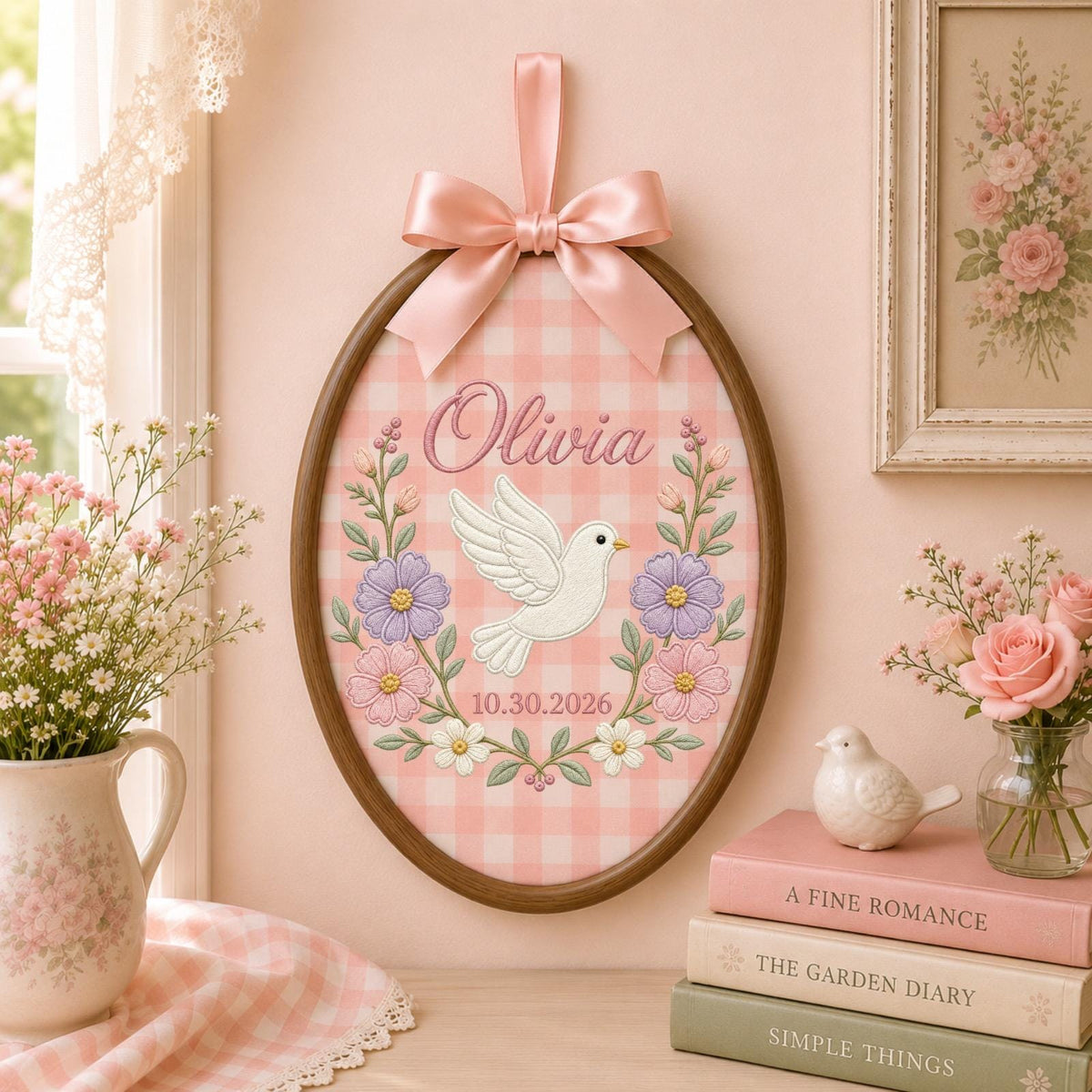 Personalized Embroidered Ornament, Dove Name and Birth Date Hoop, Floral Baby Girl Nursery Decor, Newborn Gift, Baby Shower Keepsake