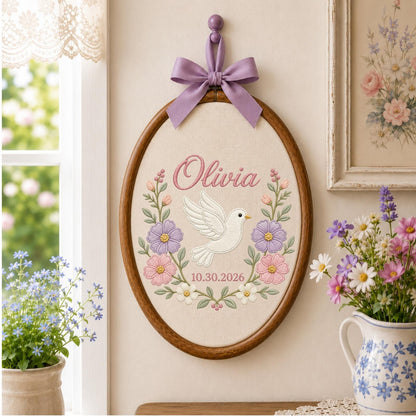 Personalized Embroidered Ornament, Dove Name and Birth Date Hoop, Floral Baby Girl Nursery Decor, Newborn Gift, Baby Shower Keepsake