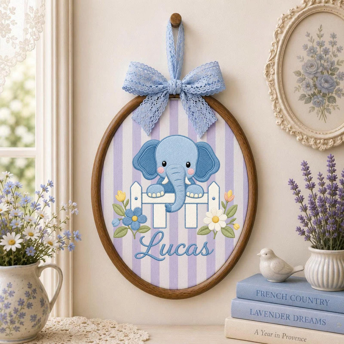 Personalized Embroidered Ornament, Elephant Name Hoop, Baby Boy Nursery Decor, Floral Newborn Gift, Baby Shower Keepsake