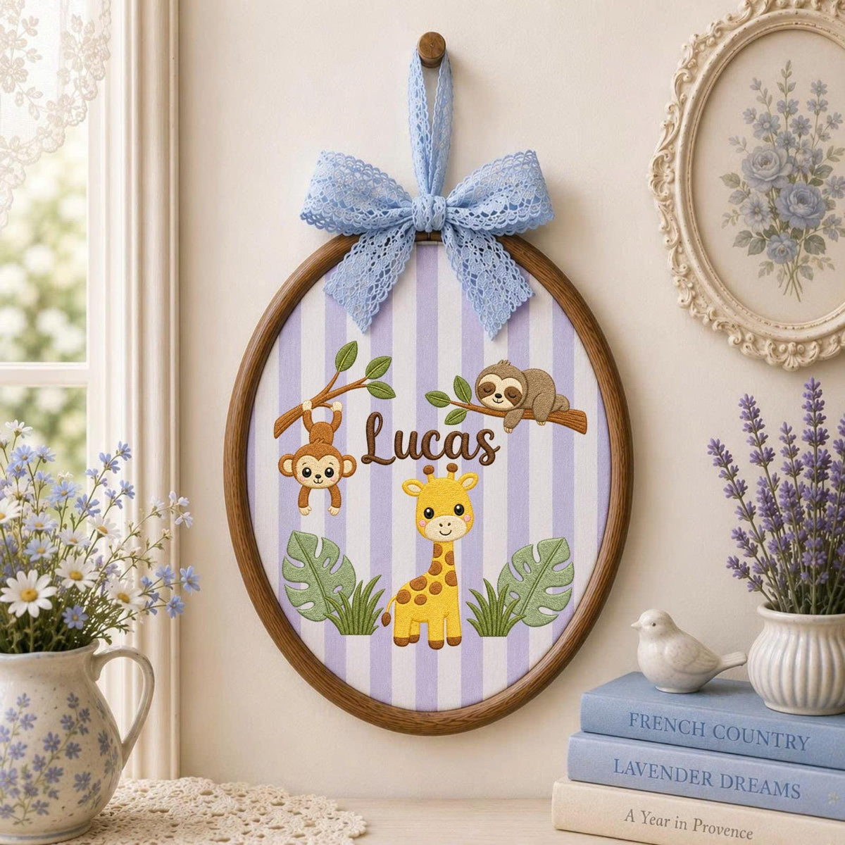 Personalized Embroidered Ornament, Safari Animal Name Hoop, Jungle Baby Boy Nursery Decor, Giraffe Monkey Sloth Baby Shower Gift