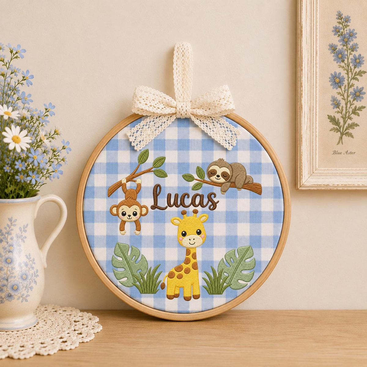 Personalized Embroidered Ornament, Safari Animal Name Hoop, Jungle Baby Boy Nursery Decor, Giraffe Monkey Sloth Baby Shower Gift