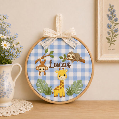 Personalized Embroidered Ornament, Safari Animal Name Hoop, Jungle Baby Boy Nursery Decor, Giraffe Monkey Sloth Baby Shower Gift