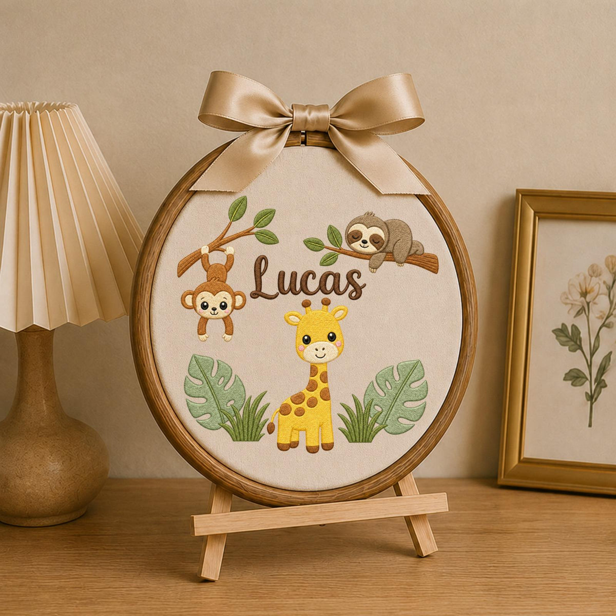 Personalized Embroidered Ornament, Safari Animal Name Hoop, Jungle Baby Boy Nursery Decor, Giraffe Monkey Sloth Baby Shower Gift