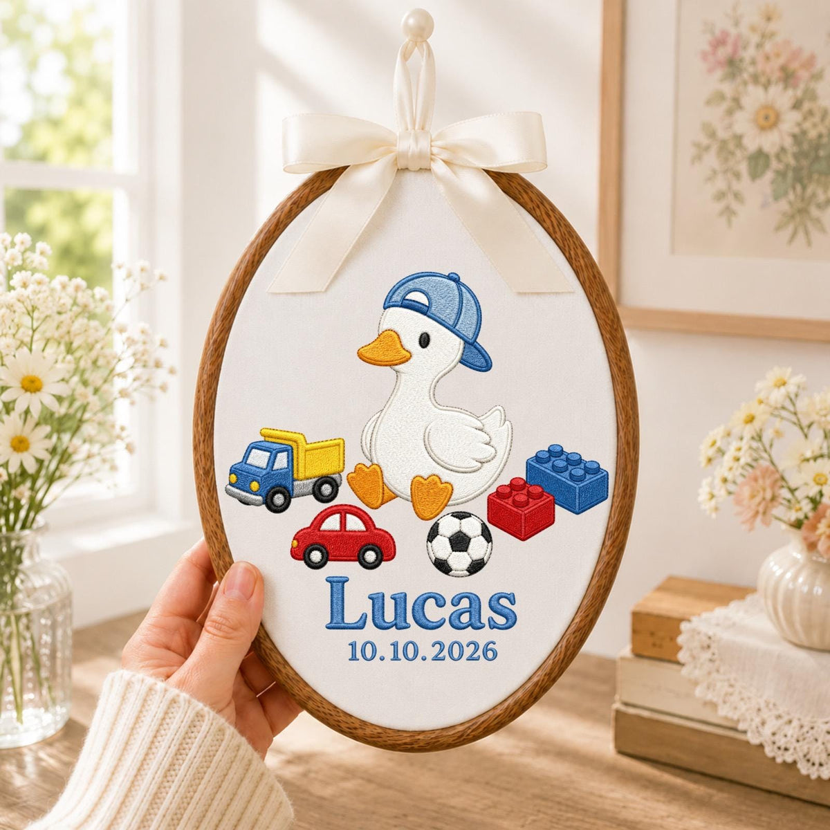 Personalized Embroidered Ornament, Goose Name and Birth Date Hoop, Baby Boy Nursery Decor, Toy Theme Baby Shower Gift, Newborn Keepsake