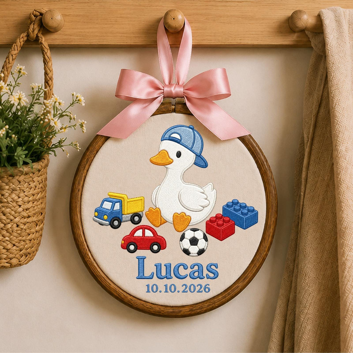 Personalized Embroidered Ornament, Goose Name and Birth Date Hoop, Baby Boy Nursery Decor, Toy Theme Baby Shower Gift, Newborn Keepsake
