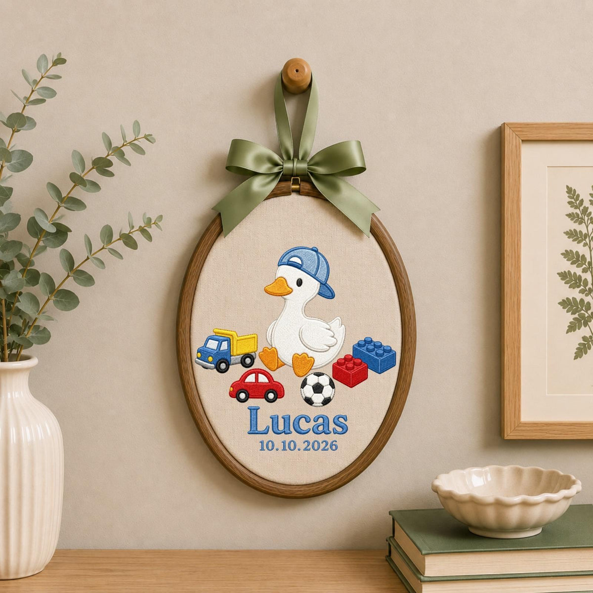 Personalized Embroidered Ornament, Goose Name and Birth Date Hoop, Baby Boy Nursery Decor, Toy Theme Baby Shower Gift, Newborn Keepsake