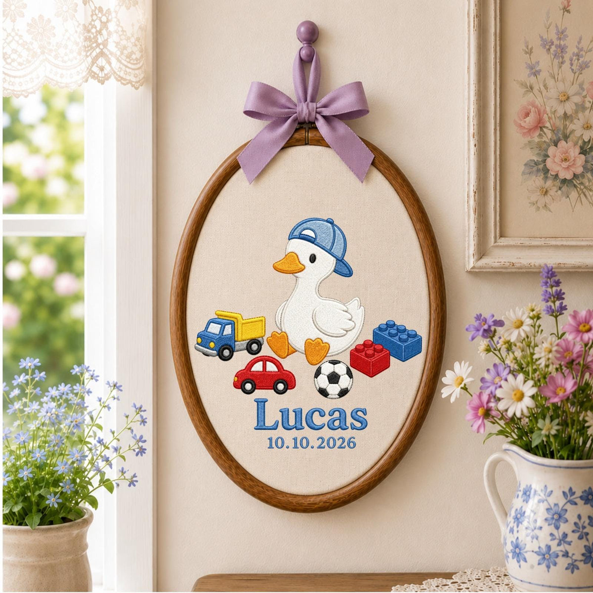 Personalized Embroidered Ornament, Goose Name and Birth Date Hoop, Baby Boy Nursery Decor, Toy Theme Baby Shower Gift, Newborn Keepsake