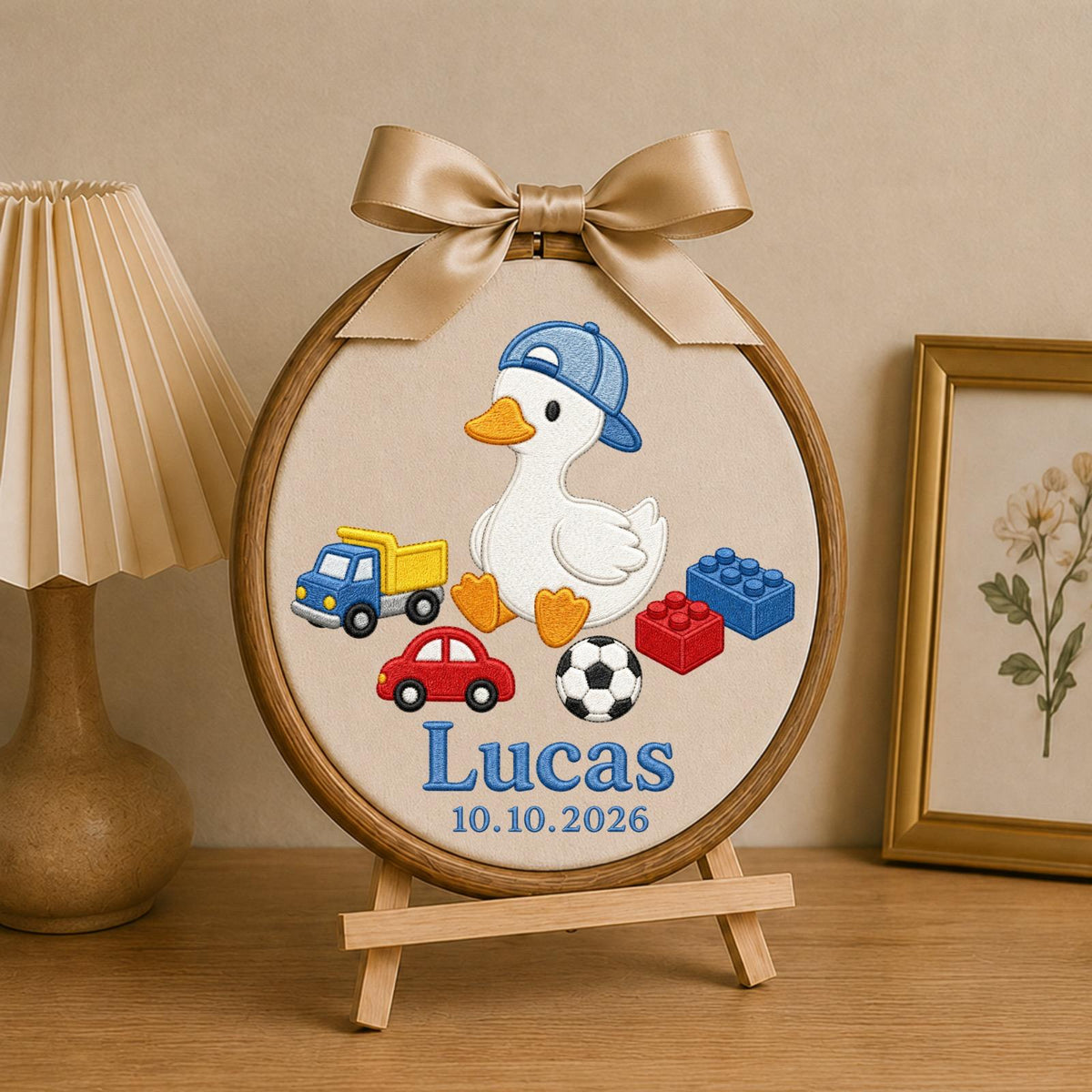 Personalized Embroidered Ornament, Goose Name and Birth Date Hoop, Baby Boy Nursery Decor, Toy Theme Baby Shower Gift, Newborn Keepsake