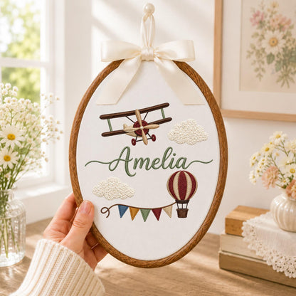 Personalized Embroidered Ornament, Airplane Name Hoop, Hot Air Balloon Nursery Decor, Baby Boy Adventure Gift, Newborn Keepsake